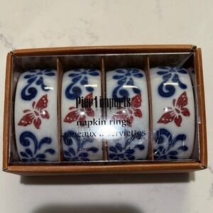 Pier 1 White Napkin Rings with Blue and Red Design new in box